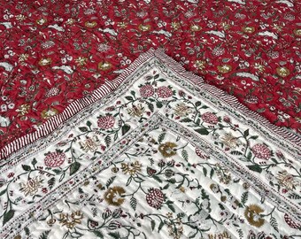 Hand Block Print Cotton Quilt: Hand-Stitched Floral Bedding
