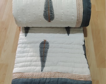 Hand Block Print Cotton Quilt: Grey Leaf Tree Design, Reversible Bedding Blanket