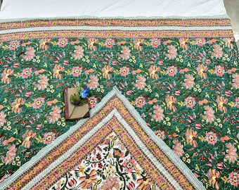Hand Stitched Block Print Cotton Quilt, Green Floral, Queen Size