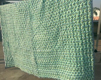 Hand Block Print Floral Queen Quilt: Bohemian Cotton Bedspreads