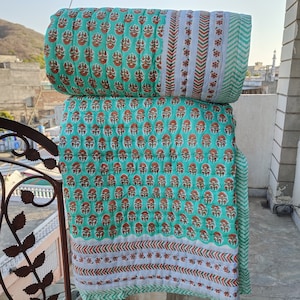 Teal Terracotta Block Print Cotton Quilt – Jaipur Razai Summer Blanket