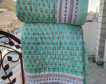 Teal Terracotta Block Print Cotton Quilt – Jaipur Razai Summer Blanket