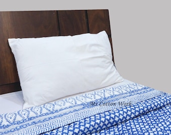 Jaipuri Blue Checks Block Print Cotton Quilt: Custom Size Blanket