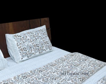 Hand Block Printed Cotton Quilt: Reversible Floral Bedding
