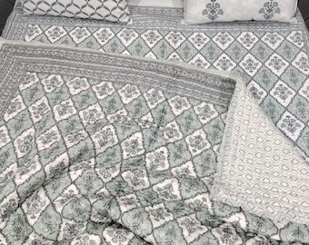 Hand Block Print Cotton Quilt Bedding Set: Blue Flower Reversible Queen