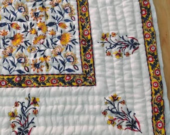 Hand Block Print Cotton Quilt: Reversible Boho Bedding (90x108 inches)