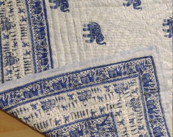 Handmade Indian Queen Quilt: Block Printed Reversible Cotton Bedspread