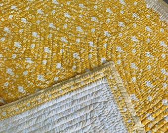 Yellow Floral Quilt: Hand Block Print, Hand-Stitched Cotton