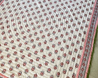 Hand Block Print Queen Quilt: Hand Stitched Cotton Bedding