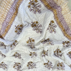 Quilt and Blanket, Both Side Reversible Comforter for Home Decor, Yellow and Purple Floral Quilt, Handmade Cotton Quilt, Hand Stitched Quilt