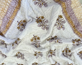Hand Stitched Cotton Quilt, Floral Block Print, Reversible Bedding