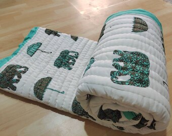 Elephant Block Print Quilt, Queen Reversible Cotton Blanket