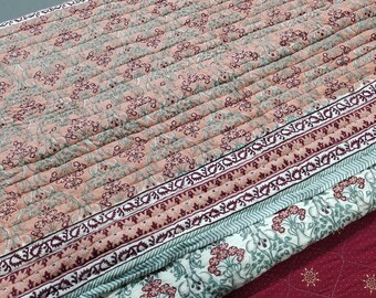 Handmade Indian Queen Quilt: Reversible Hand Block Printed Cotton Bedspread