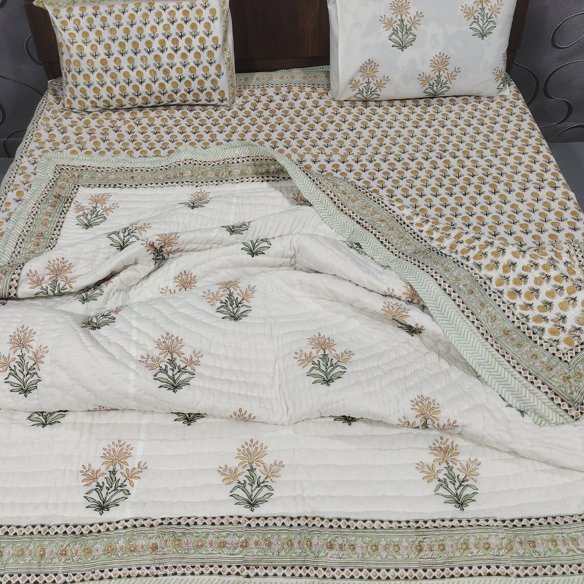 Cotton Quilt Block Print Bedding Set 1 PCS Bed Sheet / 2 Etsy