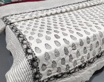 New Reversible Black and Gray Block Print Quilt, Machine Washable Cotton Bedcover