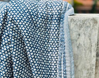 Blue Checks Hand Block Print Quilt, Cotton Reversible Bedspread, Indian Jaipuri Razai, Lightweight Blanket, Handmade Blue Bedding