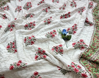 Handmade Jaipuri Pink Flower Block Print Cotton Quilt - Reversible Floral Queen Bedding