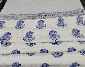 Blue Floral Block Print Cotton Quilt: Hand Stitched Indian Blanket (90x108)