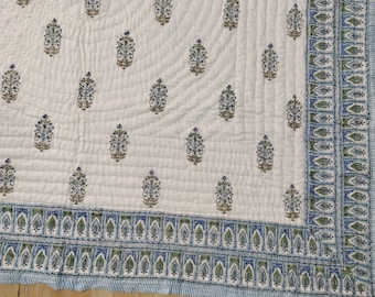 Hand Block Print Cotton Quilt: Reversible Floral Jaipuri Razai