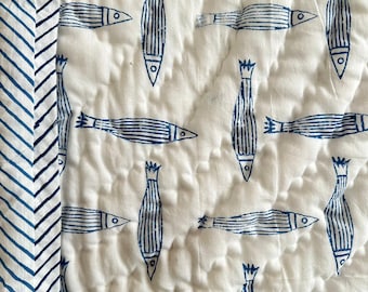 Hand Block Printed Baby Quilt: Blue Fish Ocean Design