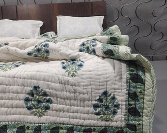 Hand Block Printed Cotton Quilt: Floral Butta Design, Handmade Bedspread