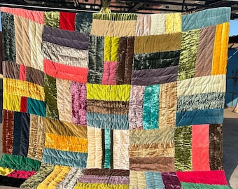 Hand Stitched Velvet Patchwork Quilt: Reversible Cotton Queen Bedding