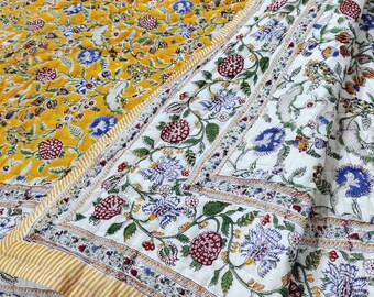 Hand Block Print Queen Quilt, Yellow Floral, Reversible Boho Comforter for Bed Decor