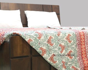 Handmade Reversible Floral Quilt - Sage Green & Coral Razai - Boho Cotton Throw