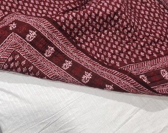 Red Cotton Queen Quilt: Hand Block Print Reversible Bed Comforter (90x108 inches)
