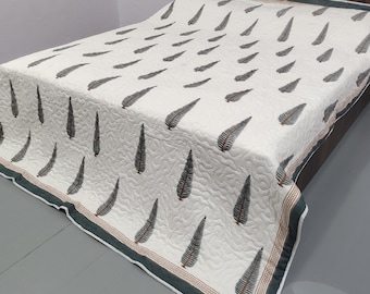 Queen Size Hand Block Print Quilt: Reversible Machine-Embroidered Bed Cover