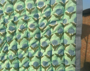 Pure Cotton Hand Block Printed Quilt: Green Floral Bohemian Comforter