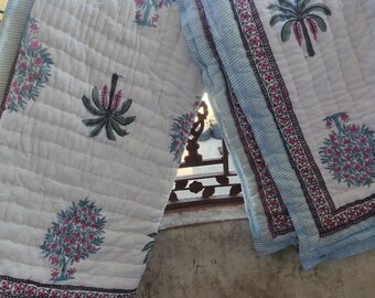 Hand Block Print Cotton Quilt: Palm Tree Queen Blanket