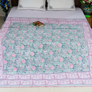 Unique Design Green Floral Hand Block Print Blanket, Summer Blanket Dohar for AC, Queen Size Quilt, Easy to Use, Machine Washable Blankets