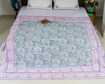 Green Floral Hand Block Print Blanket: Queen Size Cotton Dohar