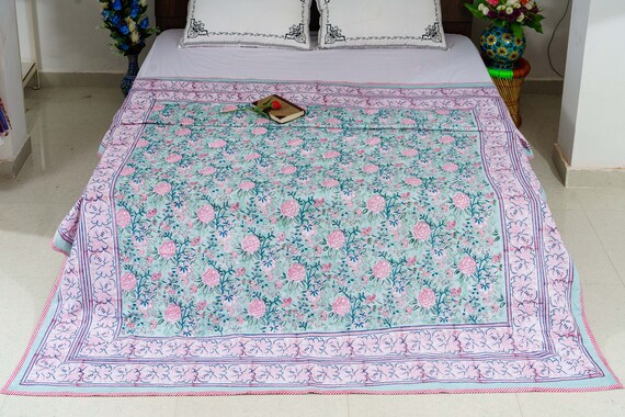 Green Floral Hand Block Print Blanket: Queen Size Cotton Dohar