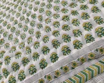 Hand Block Print Queen Quilt: Handmade Floral Cotton Bedspread