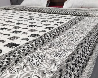 Hand Block Print Cotton Quilt: Elephant & Floral Pattern