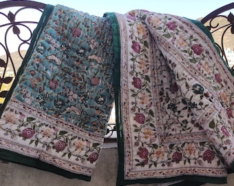 Hand Stitched Kantha Quilt: Floral Block Print Cotton Bedding
