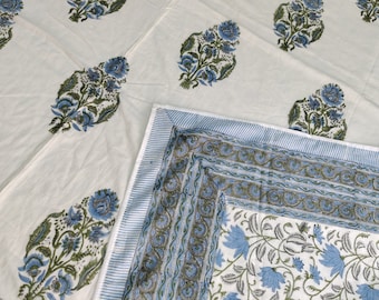 Hand Block Printed Cotton Quilt: Green Floral Blanket Bedspread