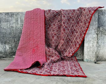 Hand Block Print Indian Cotton Quilt, Reversible Jaipuri Razai Bedspread