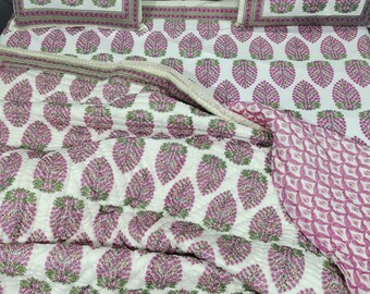 Pink Floral Hand Block Print Quilt: Reversible Cotton Boho Bedding
