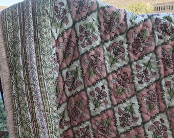 Hand Block Print Cotton Quilt: Queen Size Pink Floral Bedding (90x108)