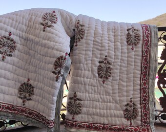 Hand Block Print Cotton Quilt: Red Green Vintage Look Bedding (90x108 inch)