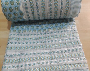 Handmade Indian Cotton Quilt: Queen Reversible Hand Block Print Bedspread