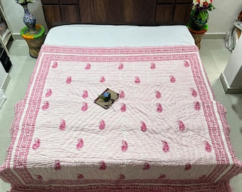 Hand Block Print Kantha Quilt: Lightweight Cotton Bedding, Queen Size