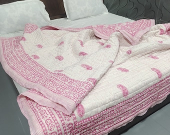 Hand Stitched Kantha Quilt: Indian Hand Block Print Cotton Bedding (90x108)