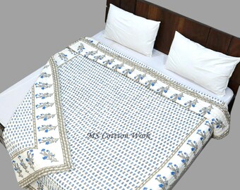 Blue Floral Block Print Cotton Quilt: Reversible Kantha Bedspreads
