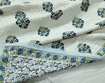 Hand Block Print Cotton Queen Quilt: Reversible Floral Bedding (90x108)