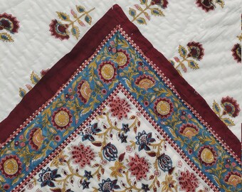 Hand Block Print Cotton Quilt: Boho Floral Bedding, Queen Size