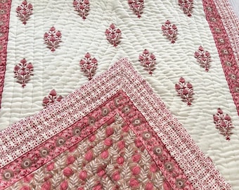 Hand Block Printed Indian Quilt: Reversible Floral Cotton Razai